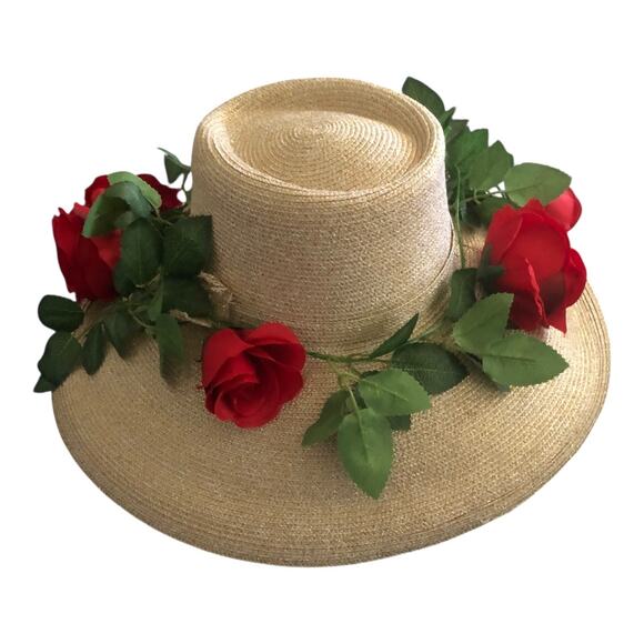 Fine Millinery Collection By August Accessories Wide Brim Red Roses Floral Hat - Picture 2 of 11